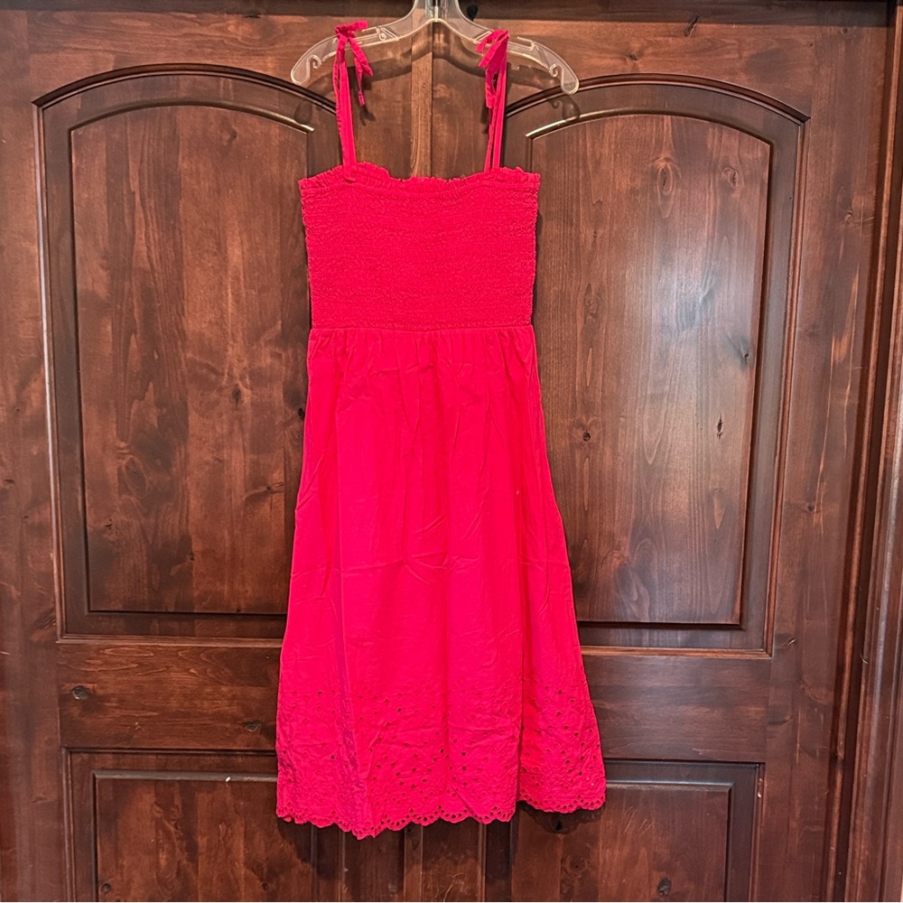 LOFT Bright Pink Smocked Smocked Eyelet Dress - Picture 8 of 9
